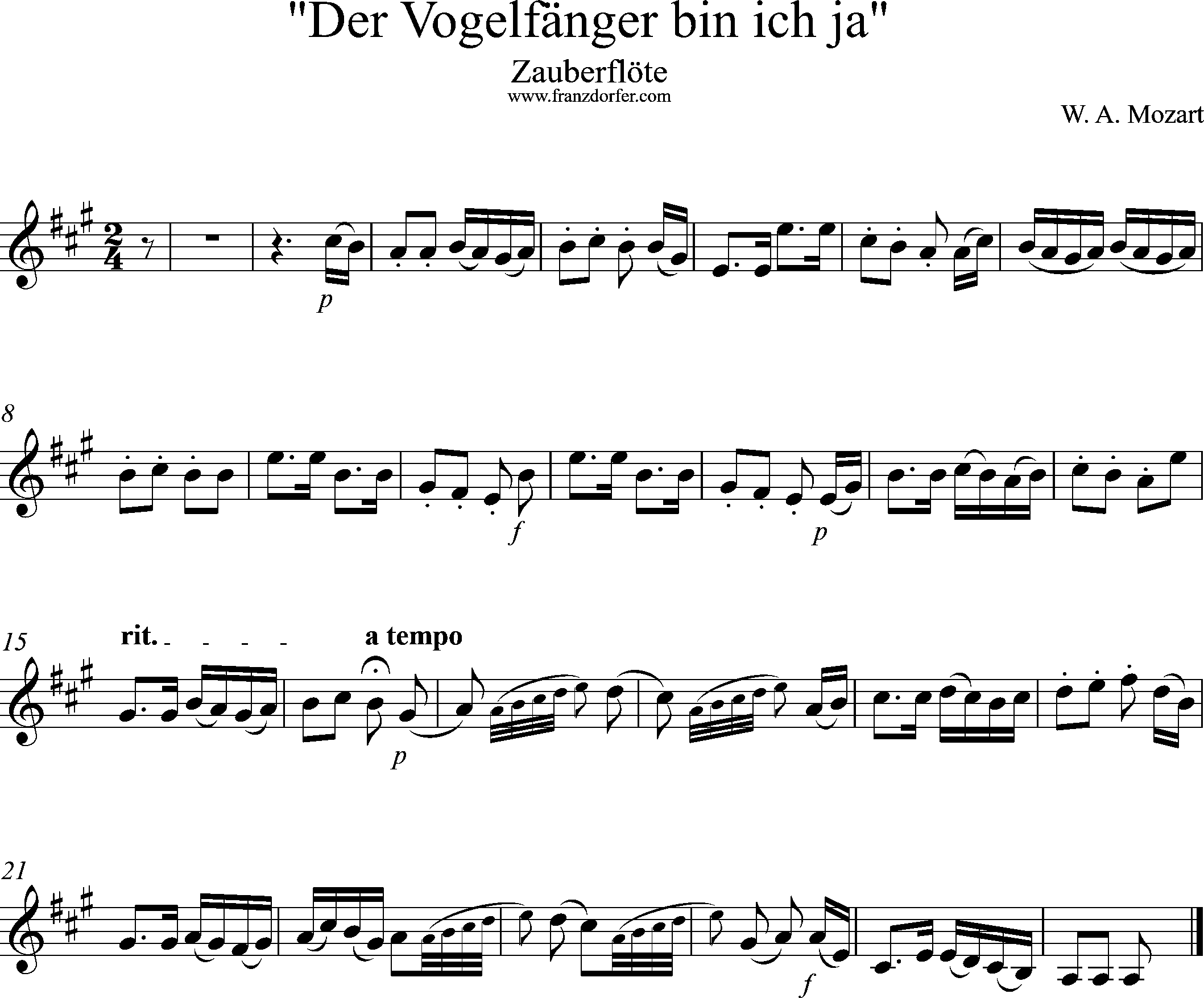 Uauberflöte, Vogelfängerlied, Solostimme, A-Dur